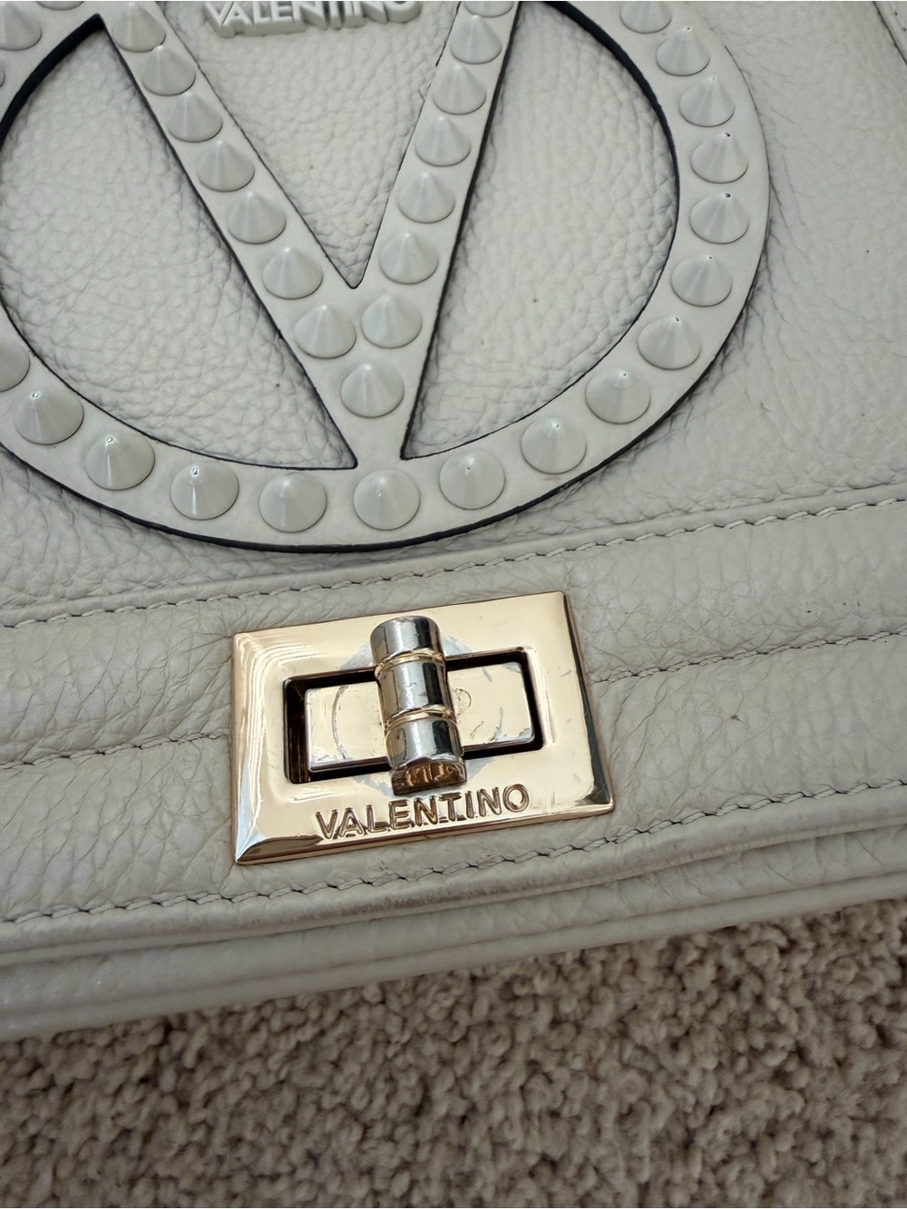 Valentino By Mario Valentino Cream Pebbled Leather Shoulder Bag with V Logo - Picture 4 of 15